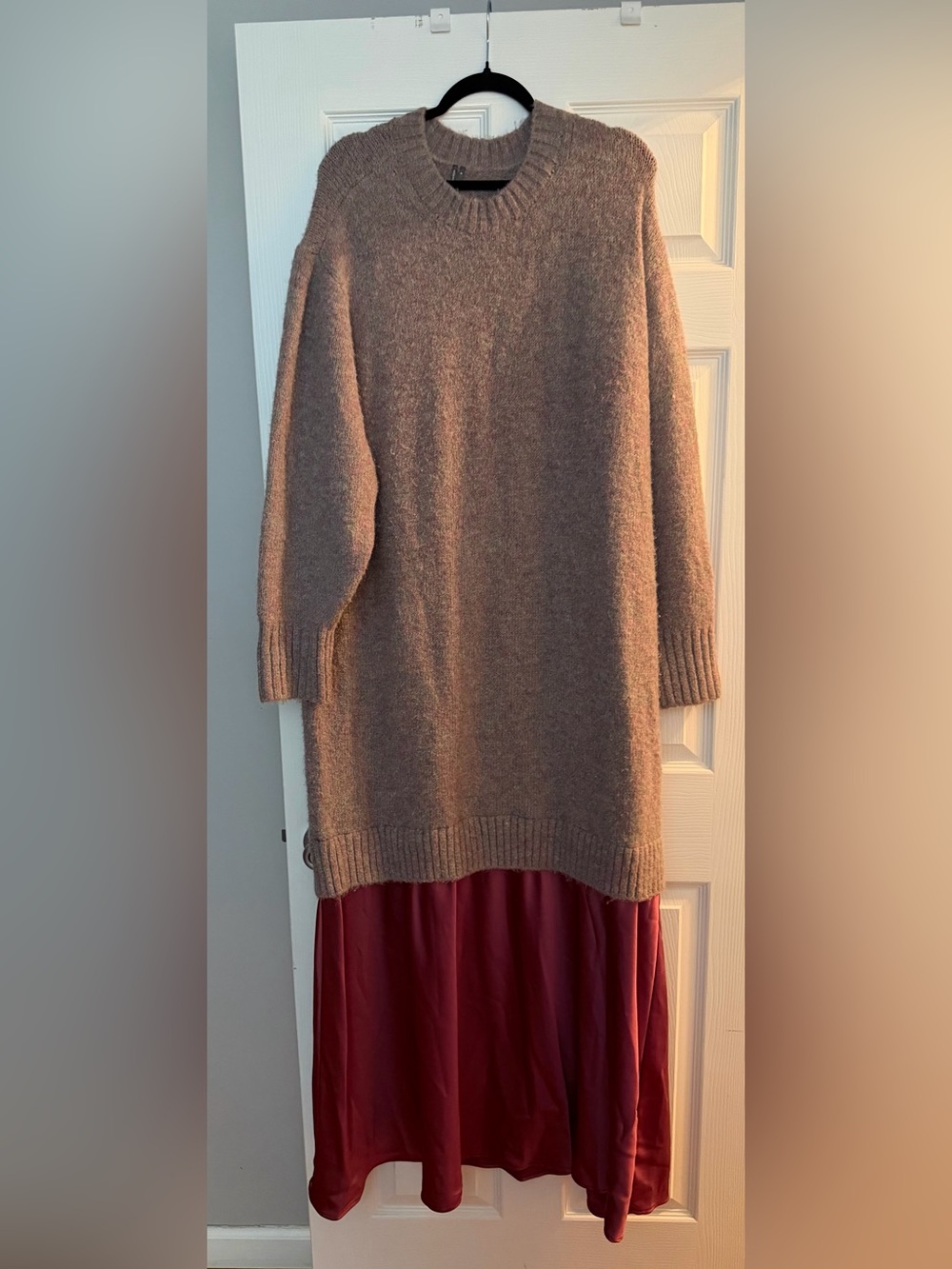 Anthropologie Mixed Media Knit Sweater Dress Burgundy Satin Hem